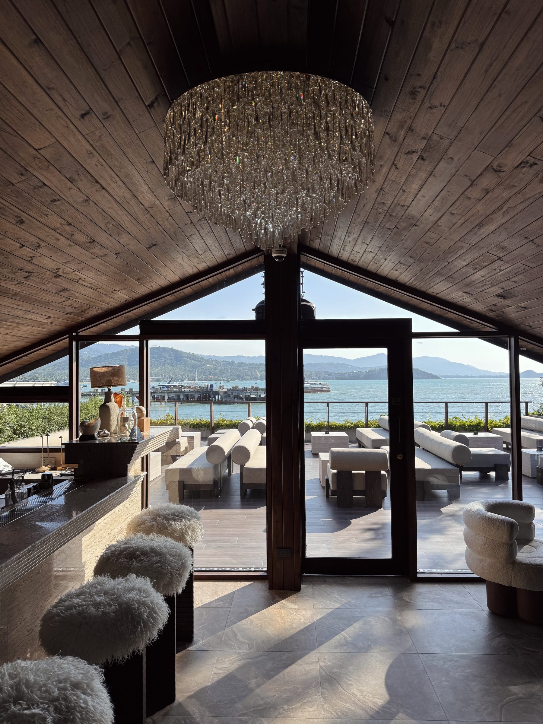 Soirée's daytime lounge, chandelier and sea view, Bangrak